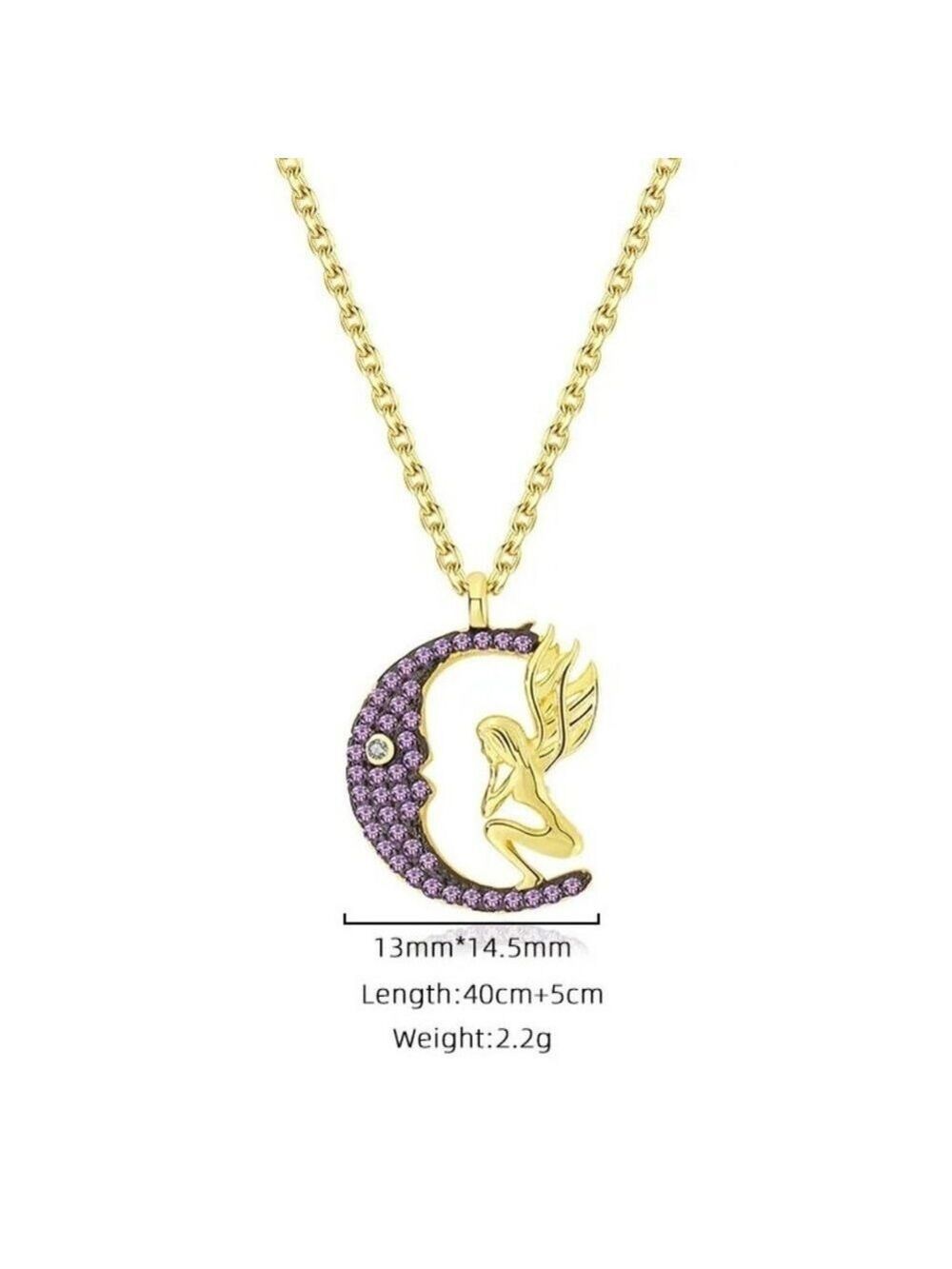 925 Sterling Silver Plated with 18k Yellow Gold Angel On Moon CZ Pendant